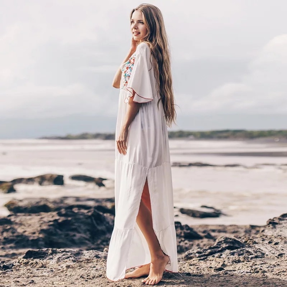 White Cleo Cotton Boho Maxi Dress W/Side Slits Hand Embroidered Stitch Detailing